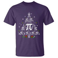 Purple crewneck T-shirt with colorful pi-symbol Christmas tree graphic