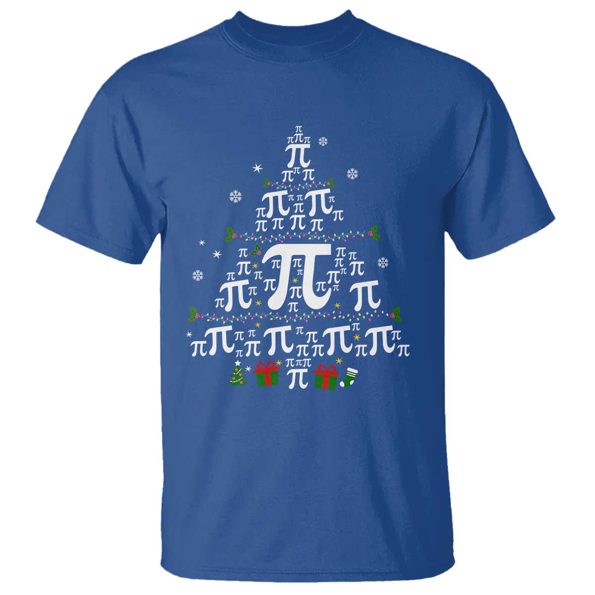 Royal blue crewneck T-shirt with colorful pi-symbol Christmas tree graphic