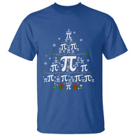 Royal blue crewneck T-shirt with colorful pi-symbol Christmas tree graphic