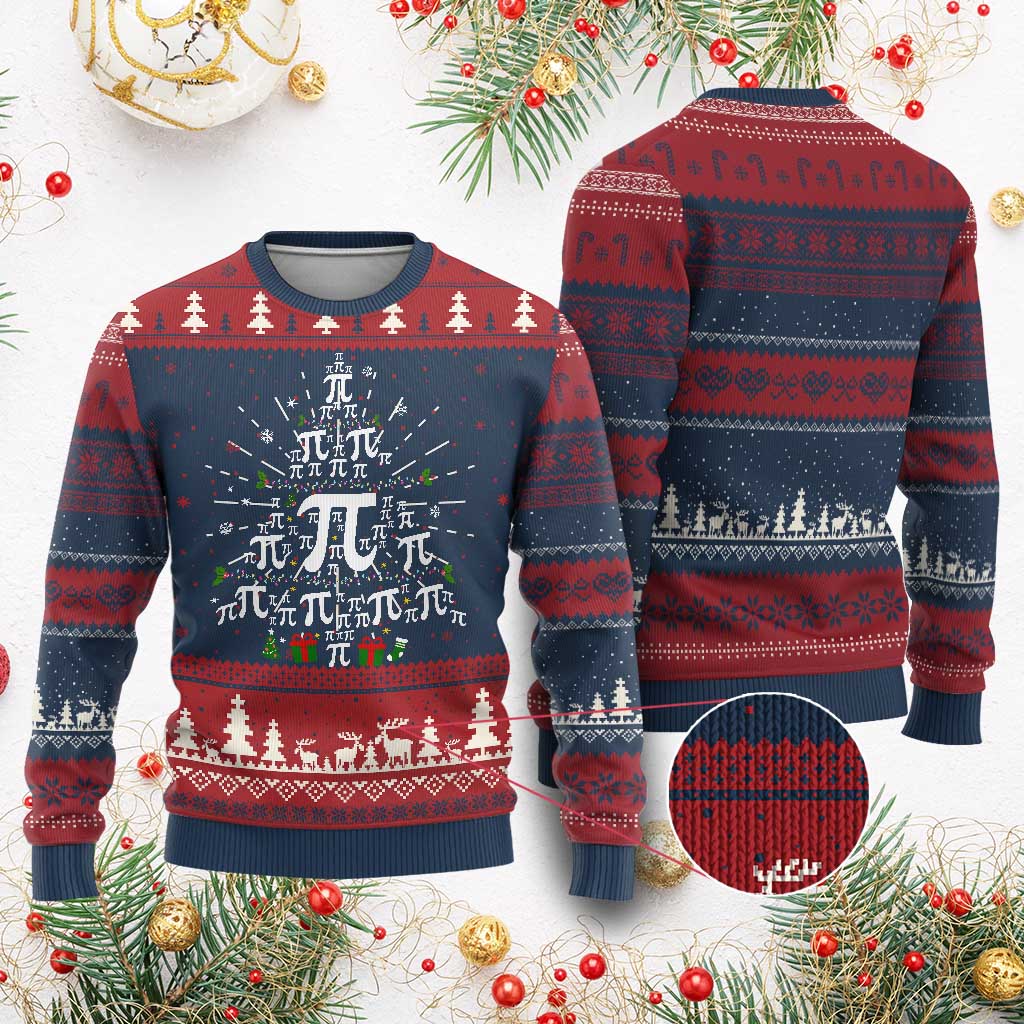 Burgundy and navy ugly Christmas sweater with Pi icons, trees, and festive pattern