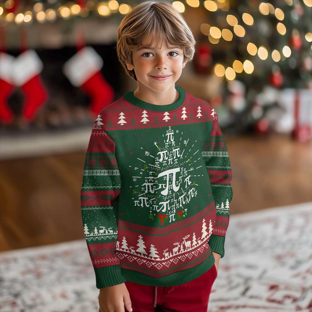 Green and red ugly Christmas sweater with Pi symbols, snowflake, and tree fair isle