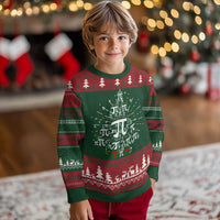 Green and red ugly Christmas sweater with Pi symbols, snowflake, and tree fair isle