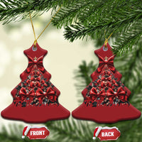 Two red Christmas tree-shaped ornaments with bow topper, gold strings attached