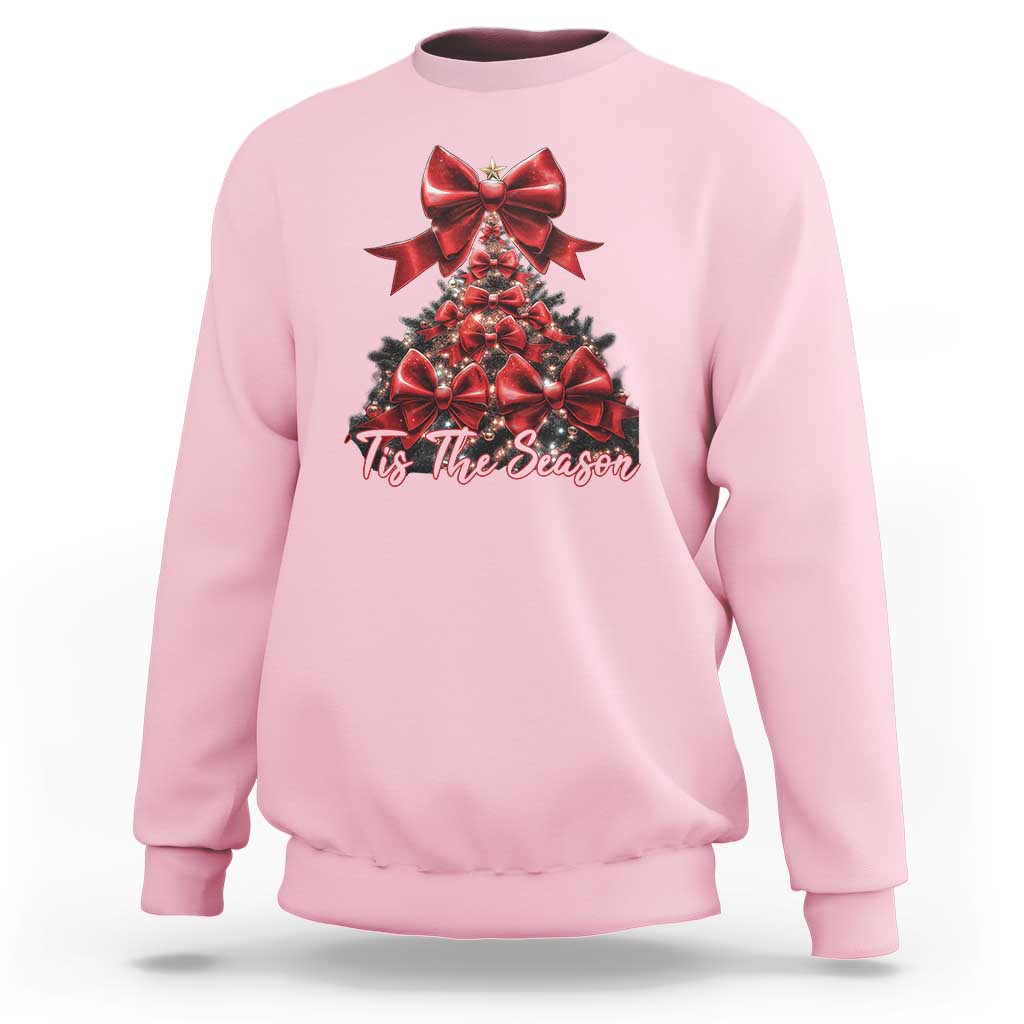 Light pink crewneck sweatshirt with red bow Christmas tree graphic and 'Tis The Season'
