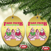 Gold oval Christmas ornaments with Farm Fresh holiday graphic and front/back views