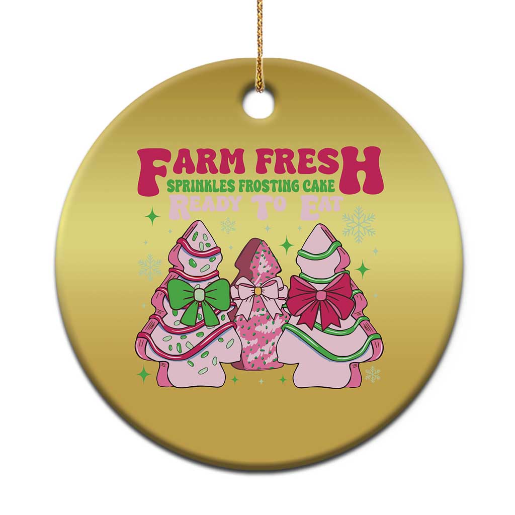 Gold round Christmas ornament with Farm Fresh holiday graphic and hanging loop
