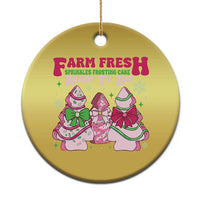 Gold round Christmas ornament with Farm Fresh holiday graphic and hanging loop