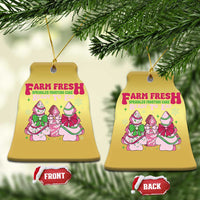 Gold bell-shaped Christmas ornament with Farm Fresh graphic, front and back shown