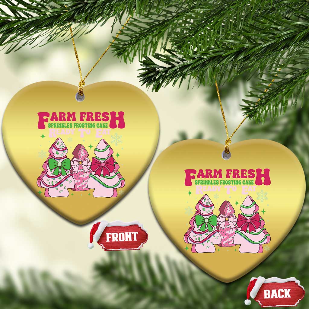 Gold heart-shaped Christmas ornaments with Farm Fresh holiday graphic and hanging loops
