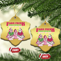 Gold heart-shaped Christmas ornaments with Farm Fresh graphic, front and back shown