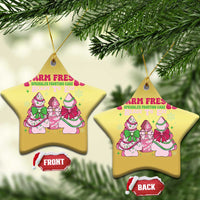 Gold star-shaped Christmas ornaments with Farm Fresh holiday graphic and front/back tags