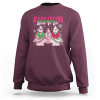 Maroon crewneck sweatshirt with holiday farm fresh cake graphic, long sleeves
