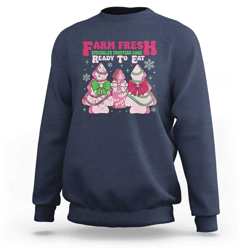 Navy crewneck sweatshirt with holiday farm fresh cake graphic, long sleeves