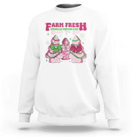 White crewneck sweatshirt with holiday farm fresh cake graphic, long sleeves