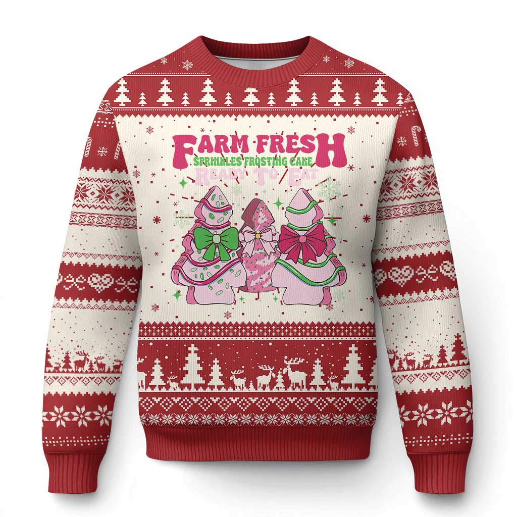Red crewneck ugly Christmas sweater with Farm Fresh cake dancers and tree knit border