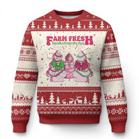 Red crewneck ugly Christmas sweater with Farm Fresh cake dancers and tree knit border