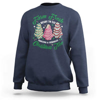 Navy sweatshirt with colorful Christmas tree cake graphic and green lettering on back