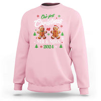 Light pink unisex Christmas sweatshirt with gingerbread couple 'MR & MRS 2024' graphic