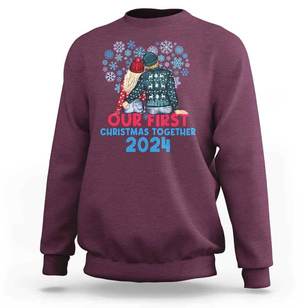 Maroon crewneck sweatshirt with colorful winter couple graphic and 2024 text