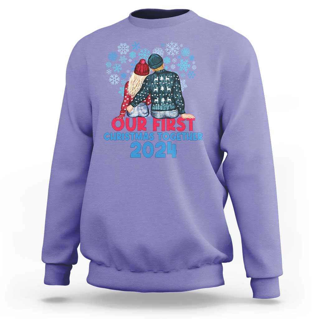 Violet crewneck sweatshirt with colorful winter couple graphic and 2024 text