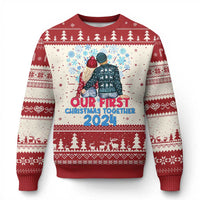 Red ugly Christmas sweater with winter trees, snowflakes, and “Our First Christmas Together” print