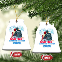 White bell-shaped Christmas ornaments with couple graphic and “Our First Christmas Together 2024”