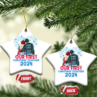 Two white star-shaped Christmas ornaments with couple graphic and “Our First Christmas Together 2024”