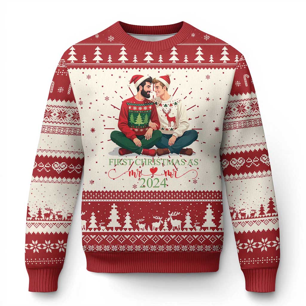 Red ugly Christmas sweater with couple graphic, trees, and fair isle pattern.