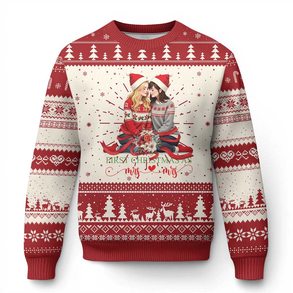 Red and white Christmas sweater with couple scene, trees, and holiday fair isle pattern