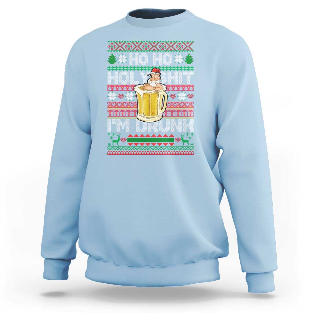 Light blue crewneck Christmas sweatshirt with Santa holding beer mug and “HO HO HO” holiday print