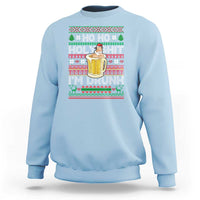 Light blue crewneck Christmas sweatshirt with Santa holding beer mug and “HO HO HO” holiday print