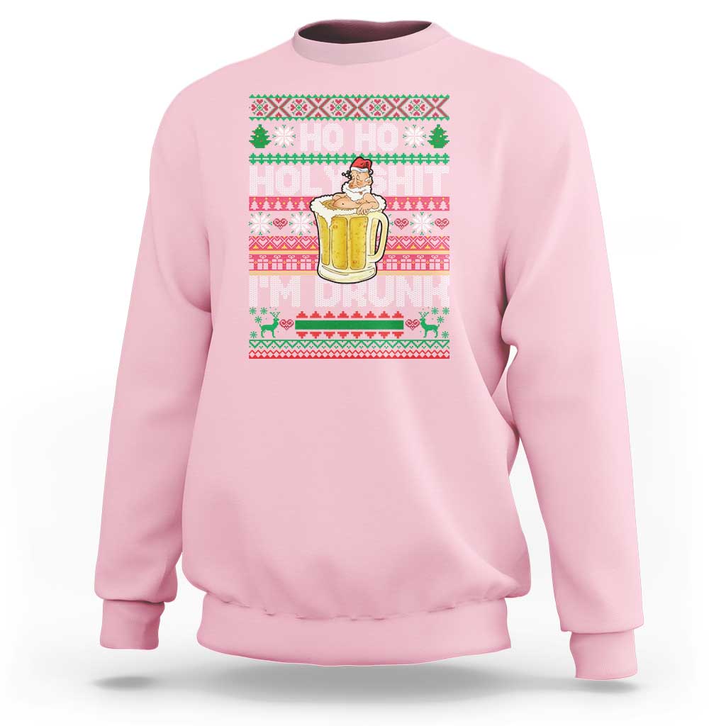Light pink crewneck Christmas sweatshirt with Santa holding beer mug and holiday “HO HO HO” graphic