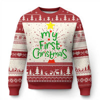 Red and cream festive sweater with 'My First Christmas' front and knit cuffs