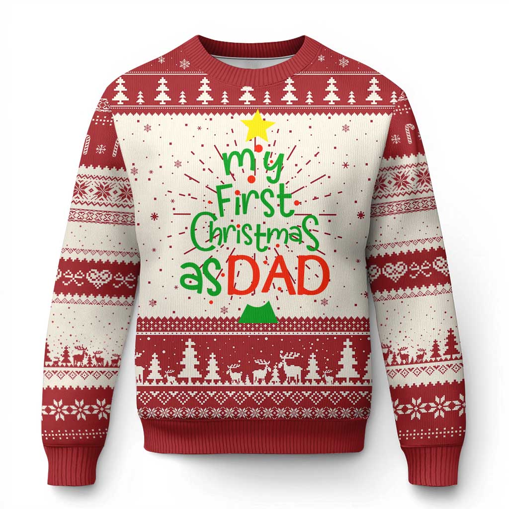 Red ugly Christmas sweater with 'My First Christmas as Dad' text and festive patterns