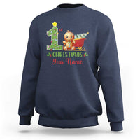 Navy baby Christmas sweatshirt with gingerbread teddy, tree graphic, and "Your Name" text