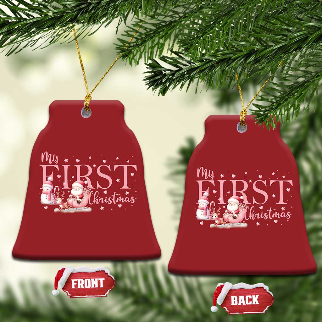 Two red Christmas tree-shaped “My FIRST Christmas” ornaments with Santa snowman graphic