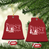 Two red Christmas tree-shaped “My FIRST Christmas” ornaments with Santa snowman graphic