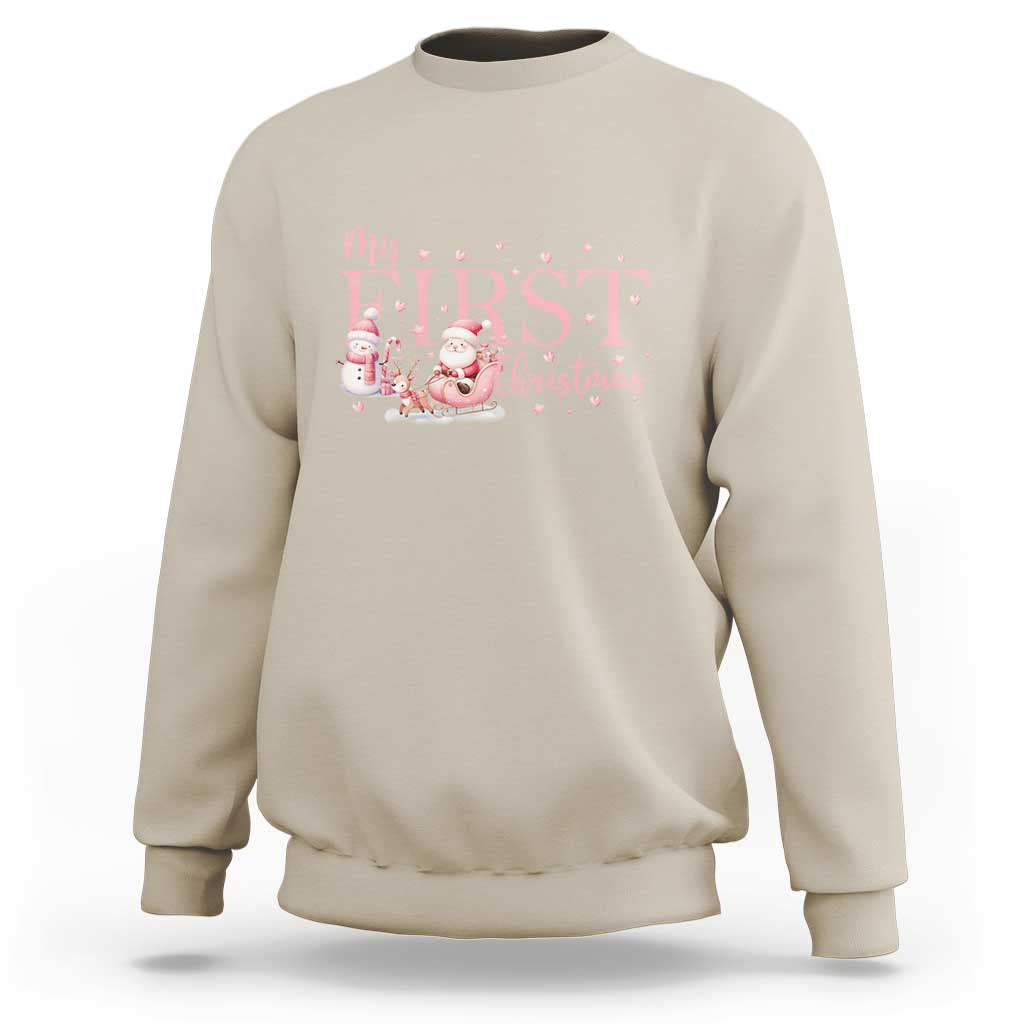 Kids cream Christmas sweatshirt with “My First Christmas” Santa and snowman graphic