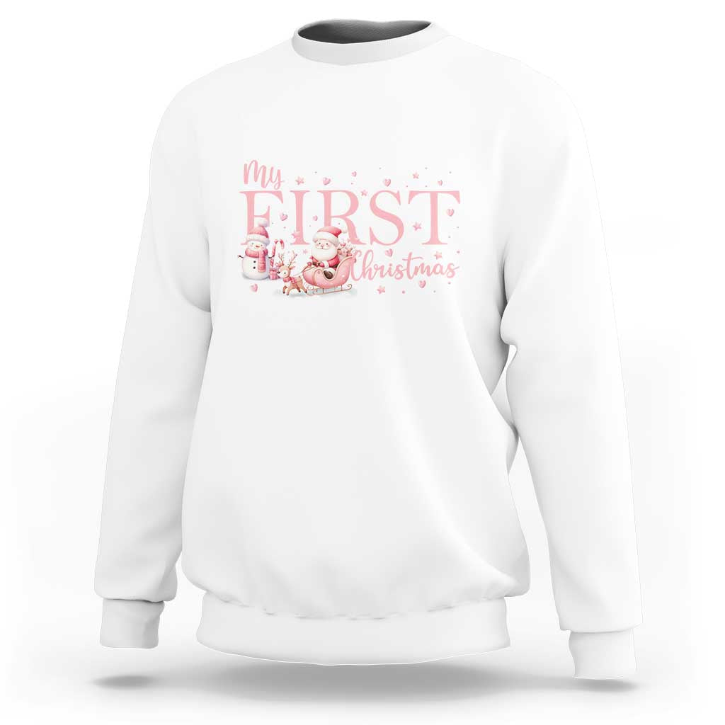 Kids white Christmas sweatshirt with “My First Christmas” Santa and snowman graphic