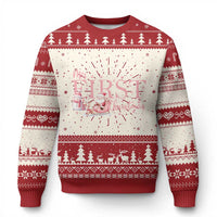 Red and cream festive Christmas sweater with snowflake, tree, and Santa print