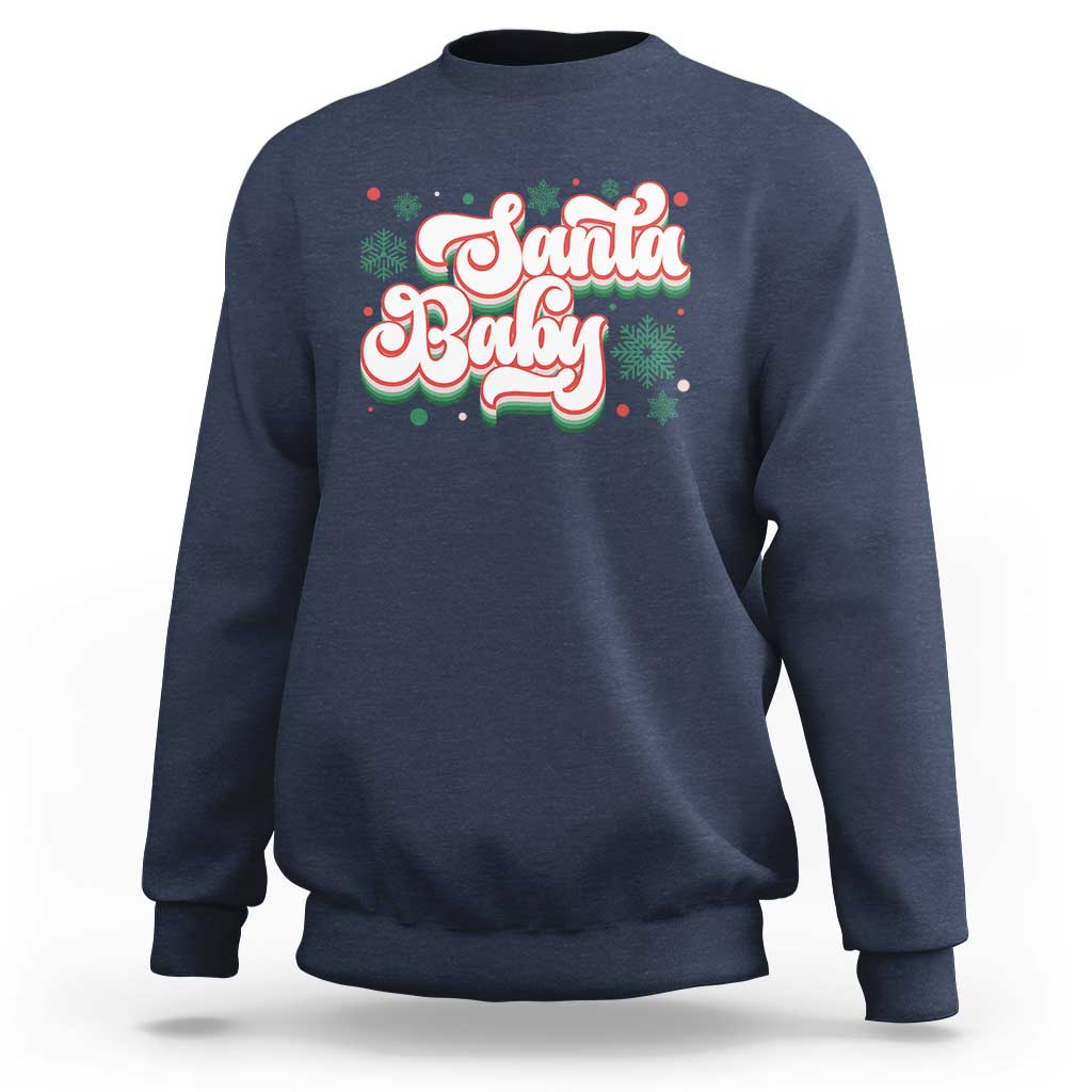 Navy sweatshirt with 'Santa Baby' holiday graphic on chest