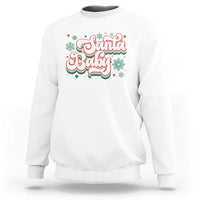 White sweatshirt with 'Santa Baby' holiday graphic on chest