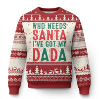 Red Christmas ugly sweater with tree fair isle stripes and 'Who needs Santa' text