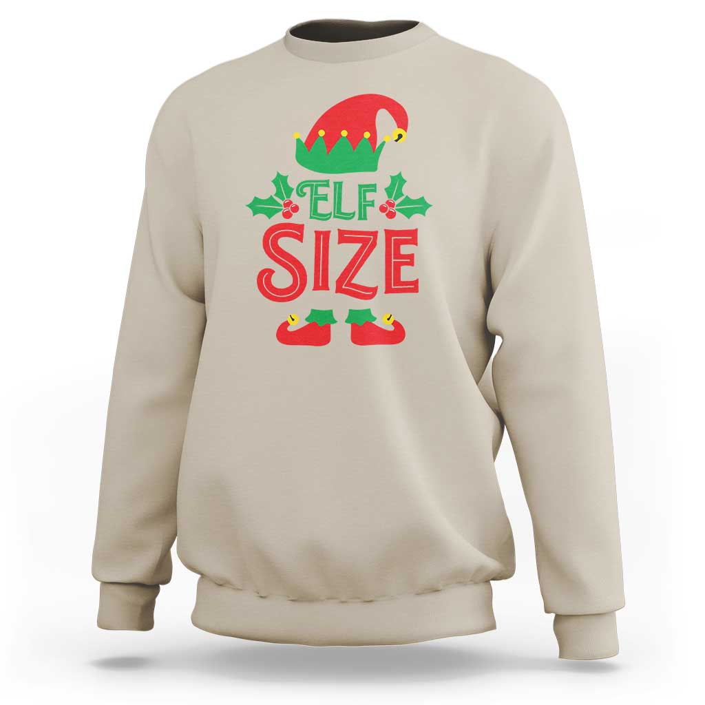 Sand beige crewneck sweatshirt with colorful “ELF SIZE” Christmas graphic on front