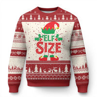 Red Christmas sweater with elf 'ELF SIZE' graphic and fair isle border sleeves
