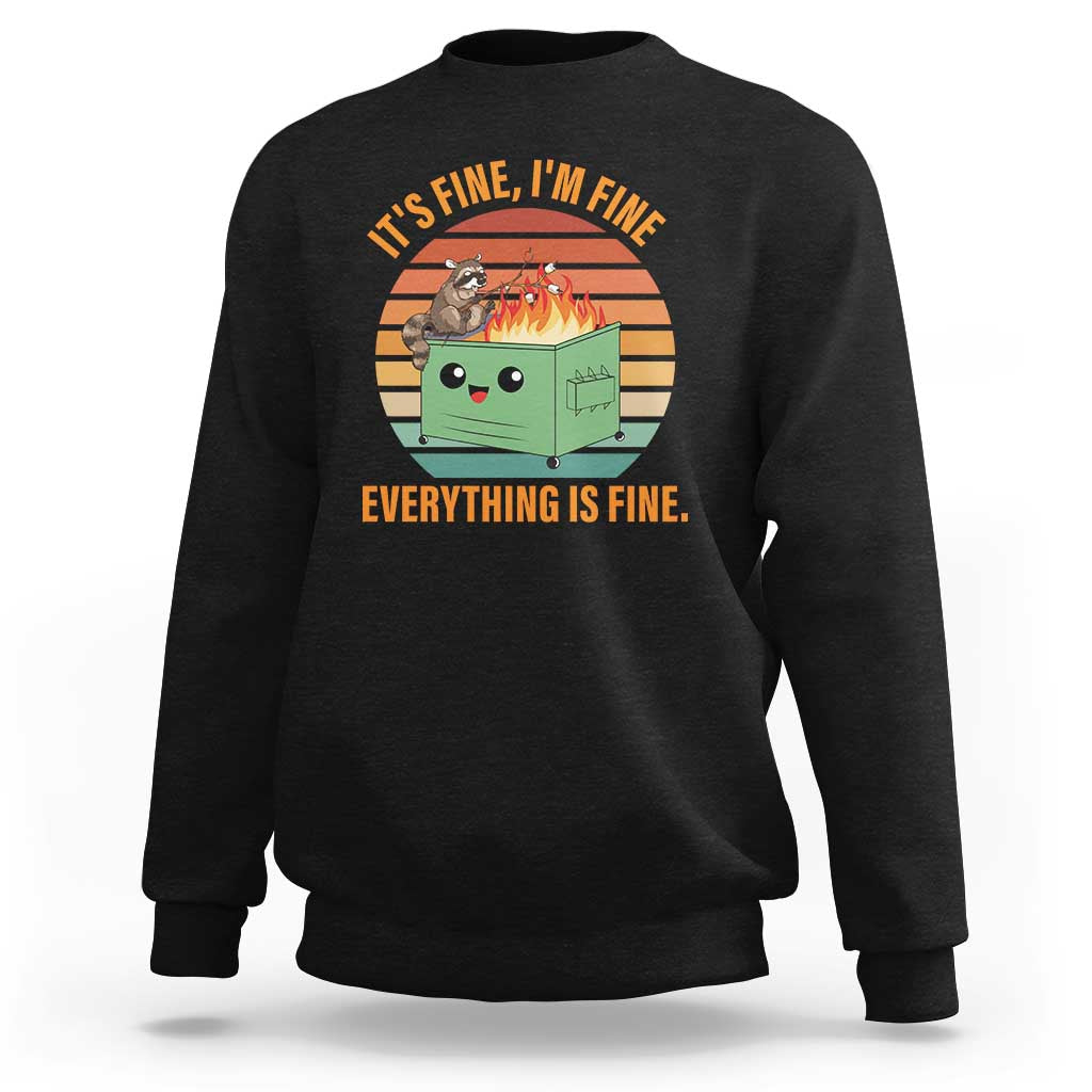 Black sweatshirt with 'Everything is fine' raccoon graphic