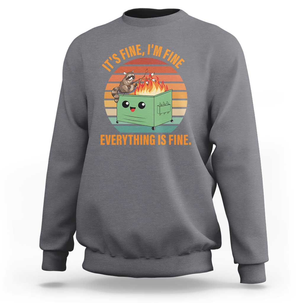 Gray sweatshirt with 'Everything is fine' raccoon graphic