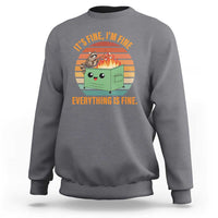 Gray sweatshirt with 'Everything is fine' raccoon graphic