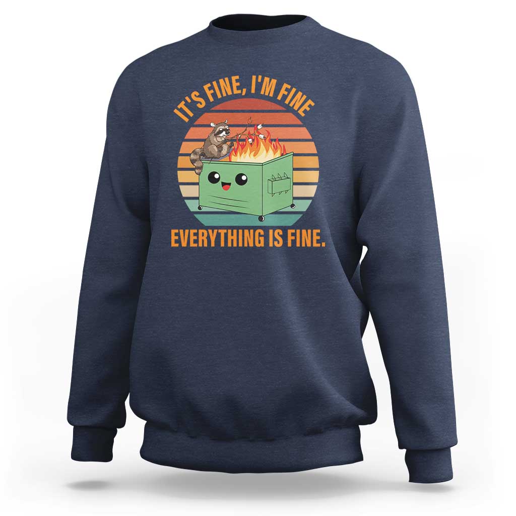 Navy sweatshirt with 'Everything is fine' raccoon graphic