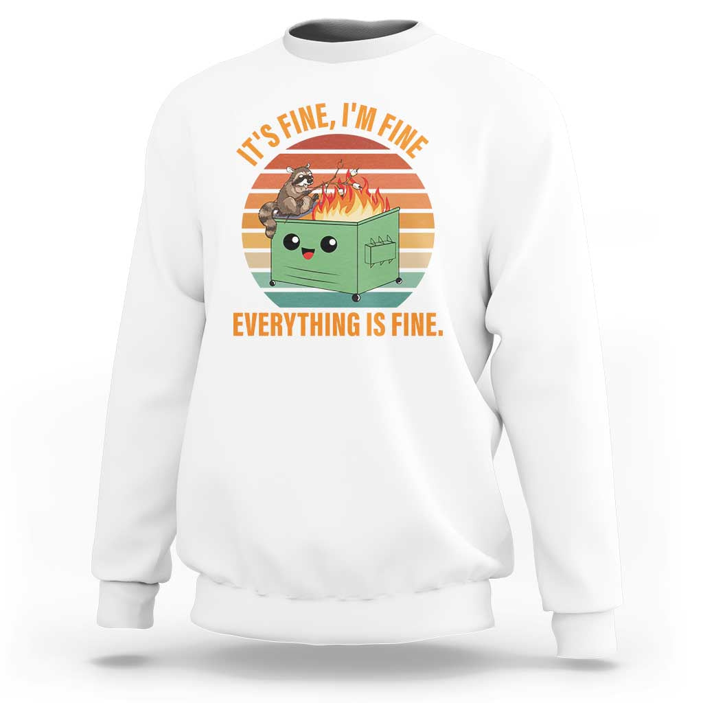 White sweatshirt with 'Everything is fine' raccoon graphic